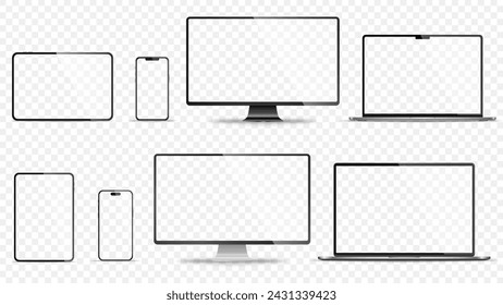 Realistic set of monitor, laptop, tablet, smartphone - PNG. Vector illustration	