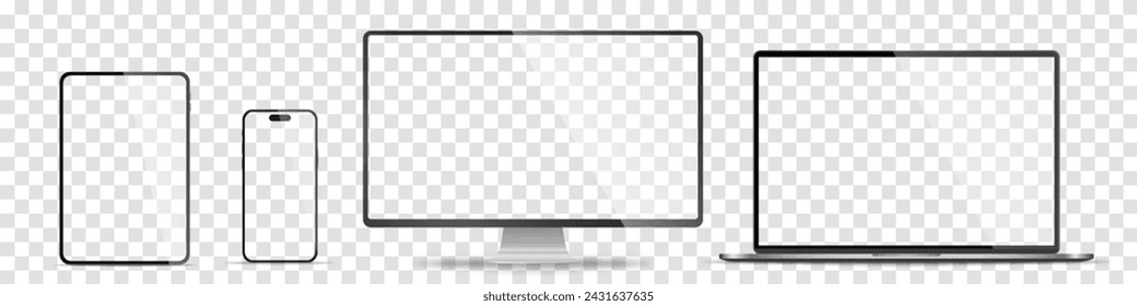 Realistic set of monitor, laptop, tablet, smartphone - PNG. Vector illustration	