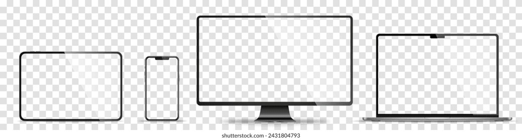 Conjunto realista de monitor, ordenador portátil, tableta, teléfono inteligente - PNG. Ilustración de vector	