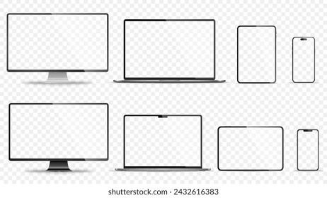 Conjunto realista de monitor, ordenador portátil, tableta, teléfono inteligente - PNG. Ilustración de vector	