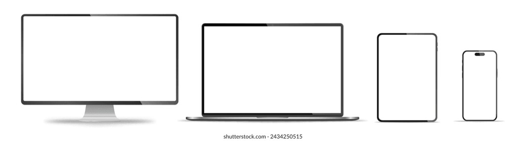 Conjunto realista de monitor, ordenador portátil, tableta, teléfono inteligente - PNG. Ilustración de vector	