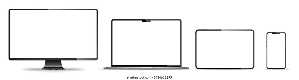 Conjunto realista de monitor, ordenador portátil, tableta, teléfono inteligente - PNG. Ilustración de vector	