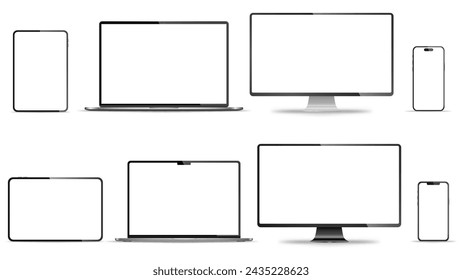 Realistic set of monitor, laptop, tablet, smartphone - PNG. Vector illustration	