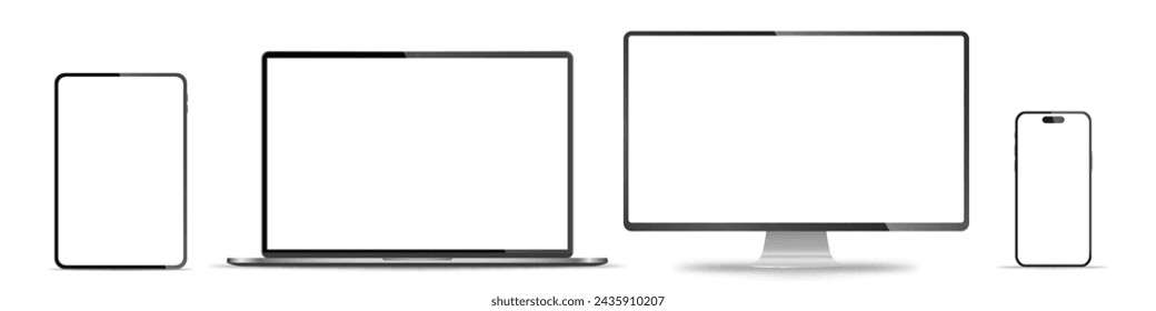 Realistic set of monitor, laptop, tablet, smartphone - PNG. Vector illustration	