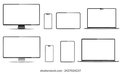 Realistic set of monitor, laptop, tablet, smartphone - PNG. Vector illustration	