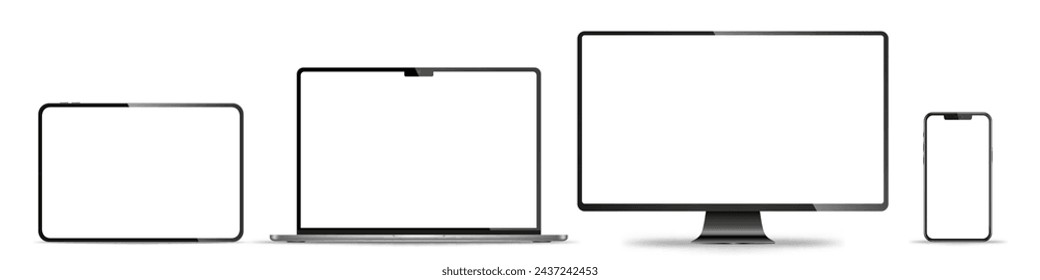 Conjunto realista de monitor, ordenador portátil, tableta, teléfono inteligente - PNG. Ilustración de vector	