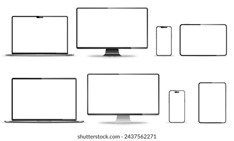 Conjunto realista de monitor, ordenador portátil, tableta, teléfono inteligente - PNG. Ilustración de vector	