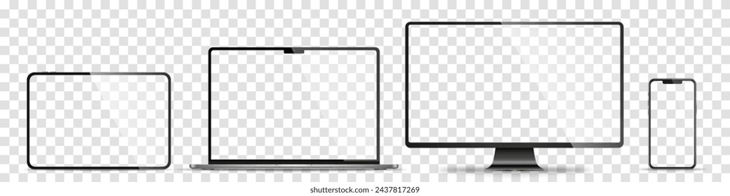 Conjunto realista de monitor, ordenador portátil, tableta, teléfono inteligente - PNG. Ilustración de vector	