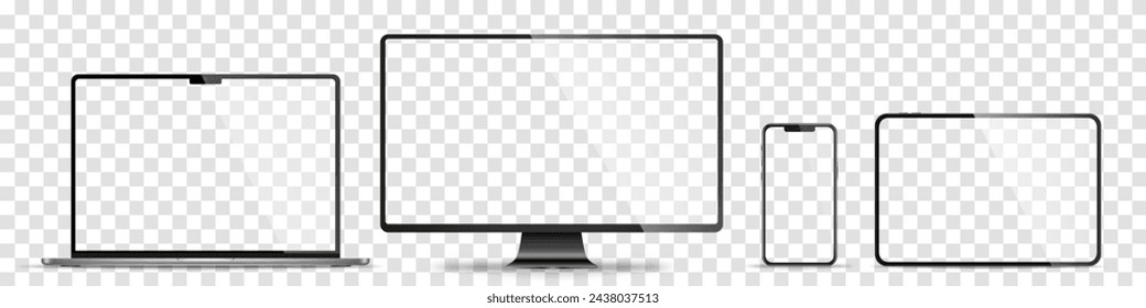 Realistic set of monitor, laptop, tablet, smartphone - PNG. Vector illustration	