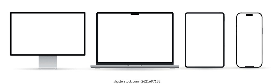 Realistic set of monitor, laptop, tablet, and smartphone. Modern digital devices collection. Vector illustration isolated on white background.