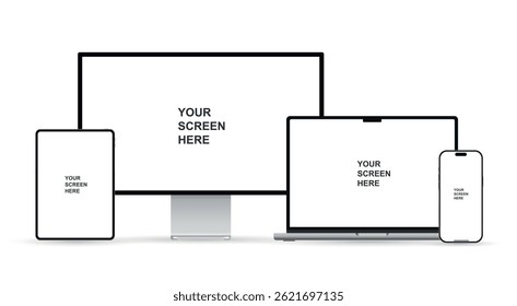 Realistic set of monitor, laptop, tablet, and smartphone. Modern digital devices collection. Vector illustration isolated on white background.