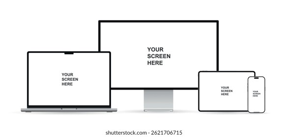 Realistic set of monitor, laptop, tablet, and smartphone. Modern digital devices collection. Vector illustration isolated on white background.