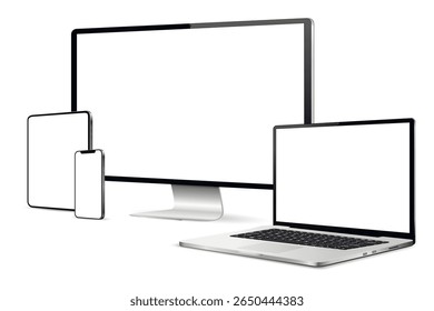 Realistic set of monitor, laptop, tablet, smartphone
