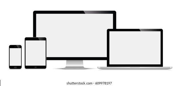 Realistic set of monitor, laptop, tablet, smartphone - Stock Vector.