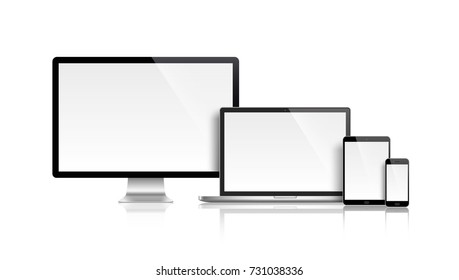 Realistic set of monitor, laptop, tablet, smartphone - Stock Vector.