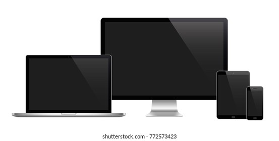 Realistic set of monitor, laptop, tablet, smartphone - Stock Vector illustration