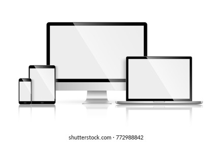 Realistic set of monitor, laptop, tablet, smartphone - Stock Vector illustration