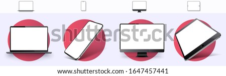 Realistic set of Monitor, laptop, tablet, smartphone, rotated position. Side and top view. Mockup generic device. Template for infographics or presentation. Vector illustration