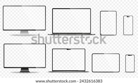 Realistic set of monitor, laptop, tablet, smartphone - PNG. Vector illustration	