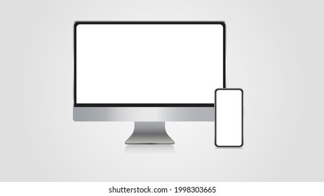 Realistic set of monitor,  smartphone. 3d devise mockup set vector. Realistic screen layout