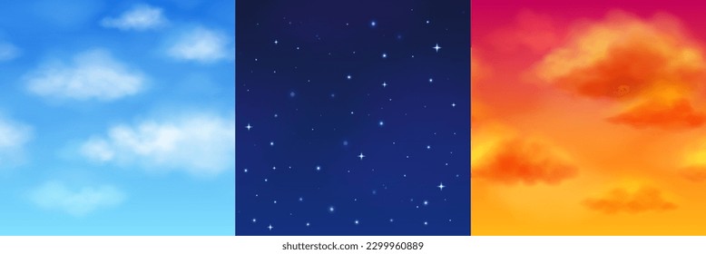 Realistic set of morning, night and sunset sky seamless texture with fluffy white clouds on blue, stars shimmering in dark space, orange dawn cloudscape. Vector illustration of day, evening background