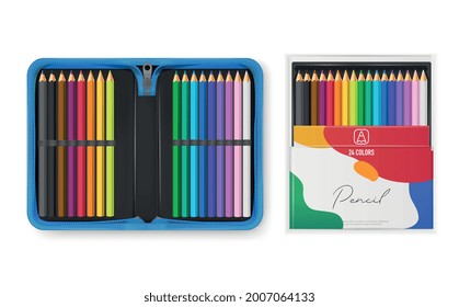 Conjunto realista con lápices multicolores en estuche azul abierto y caja de cartón ilustración vectorial aislada