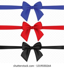 Realistic set of multicolored bows isolated on transparent background. Template for greeting card, poster or brochure. Vector illustration. EPS 10