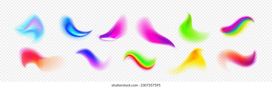 Realistic set of multicolored gradient brush strokes isolated on transparent background. Abstract colorful spots, holographic fluid paint effect, chameleon design palette, blurry rainbow ink splashes