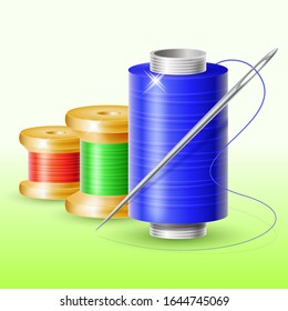 Realistic set of multi-colored spools of thread with a needle on a white background