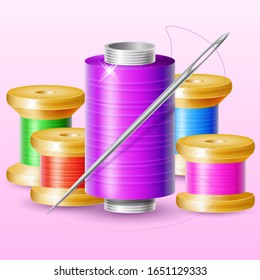 Realistic set of multi-colored spools of thread with a needle on a white background