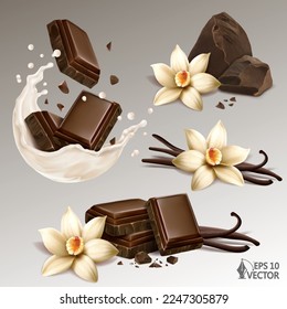 Realistic set of natural vanilla flowers and sticks, chocolate slices and crumbs in a milk or yogurt splash, 3d vector illustration svg
