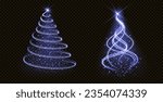 Realistic set of neon blue spiral and cone Christmas light trees isolated on transparent background. Vector illustration of xmas swirls decorated with stars and shimmering particles. Holiday decor