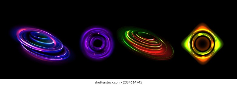 Realistic set of neon color light flares isolated on background. Vector illustration of rhombus, circular, spiral swirls with glowing particles and halo effect, energy vortex, LED strip illumination