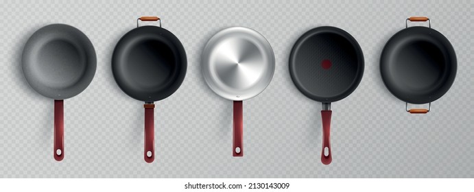 Realistic set of non stick frying pans with handles isolated on transparent background vector illustration