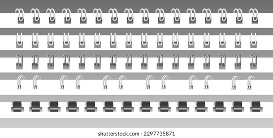 Realistische Set von Notebook-Bindern einzeln auf transparentem Hintergrund. Vektorgrafik von Eisen, Kunststoff-Spiraldraht, Ringbuchseiten von Buch, Tagebuch, Notizblock, Album, Skizze. Bürobedarf