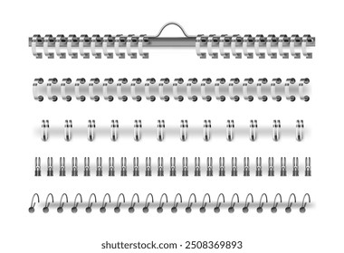 Realistischer Satz von Notebook-Bindemitteln. Vektor isolierte Sammlung von Eisen, Kunststoff Spiraldraht, Ring Binding Seiten von Buch, Tagebuch oder Notizblock, Album oder Skizze. Bürobedarf, Aluminium-Spiralfedern