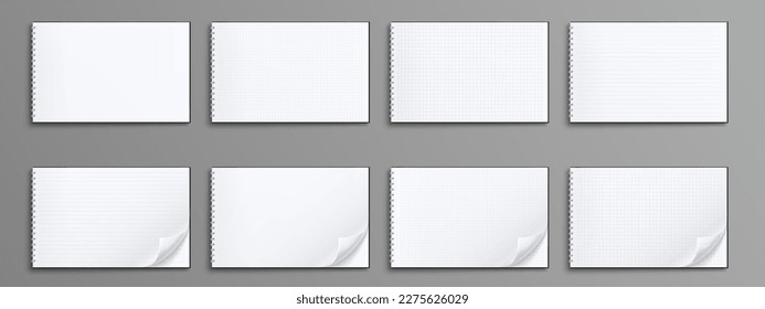 Realistic set of notebook mockups isolated on gray background. Vector illustration of blank diary pages with folded corners. Top view of line, box, dot ruled white sheets on spiral binder