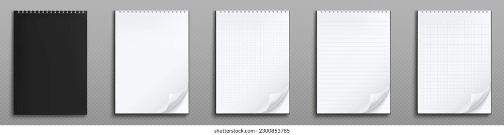 Realistic set of notebook mockups isolated on transparent background. Vector illustration of blank diary pages with folded corners. Top view of line, box, dot ruled white sheets on spiral binder