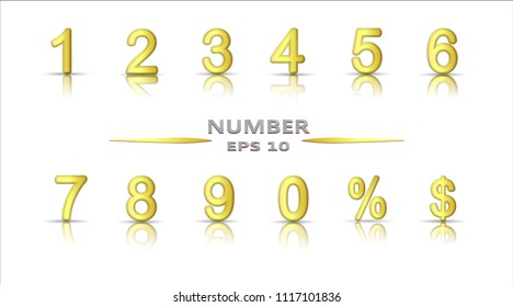 Realistic set of numbers. 3d rendering of the numbers in brushed metal on a white reflective floor. Isometric numbers vector set. Mathematics symbols, stylish simple shaped numerals