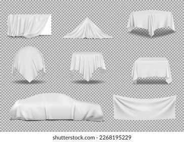 Realistic set of objects covered with white silk fabric. Vector illustration