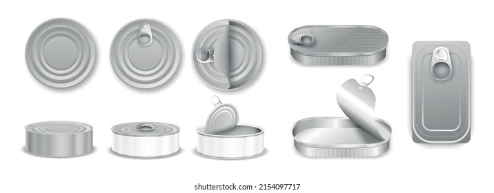 Realistic set with open and closed aluminium tin cans of different shape side and top view isolated vector illustration