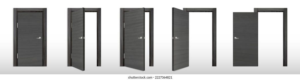 Realistic set of open and closed black wooden door isolated on white background. Vector illustration office or home entrance frame decoration. Frontdoor design with steel knob. Opportunities concept