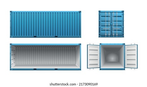 Realistic set of open and closed blue metal cargo container front and side view isolated vector illustration svg