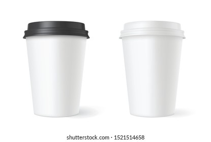 Realistic set paper coffee cups on white background. 3D vector mockup - stock vector.