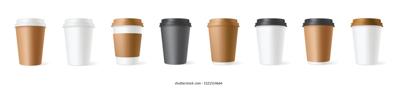 Realistic set paper coffee cups on white background. 3D vector mockup - stock vector.