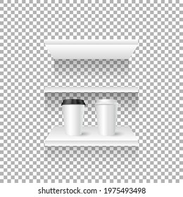 Realistic set of paper coffee cups standing on the shelf. 3D vector layout - vector.	