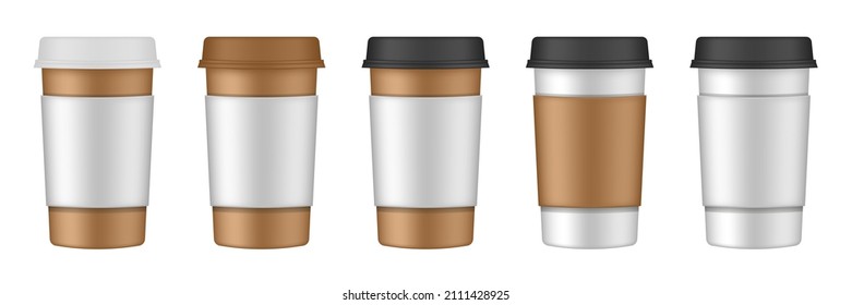 Realistic set of paper coffee cups with cupholders. Coffee to go. Take away. White paper cups, blank brown container with lid for latte, mocha, cappuccino or tea drinks. Carton cup holder