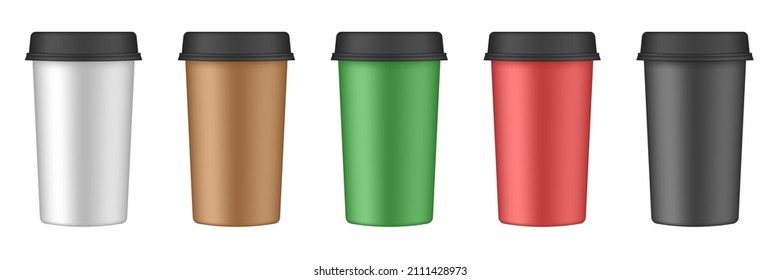 Realistic set of paper coffee cups. Coffee to go. Take away. White, red, green, black paper cups, blank brown container with lid for latte, mocha, cappuccino or tea drinks