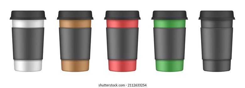 Realistic set of paper coffee cups with black cupholders. Coffee to go. Take away. Blank container with lid for latte, mocha, cappuccino or tea drinks. Carton cup holder. White, brown, red, green cups