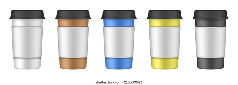 Realistic set of paper coffee cups with black cupholders. Coffee to go. Take away. Blank container with lid for latte, mocha, cappuccino or tea drinks. Carton cup holder. White, brown, blue, yellow